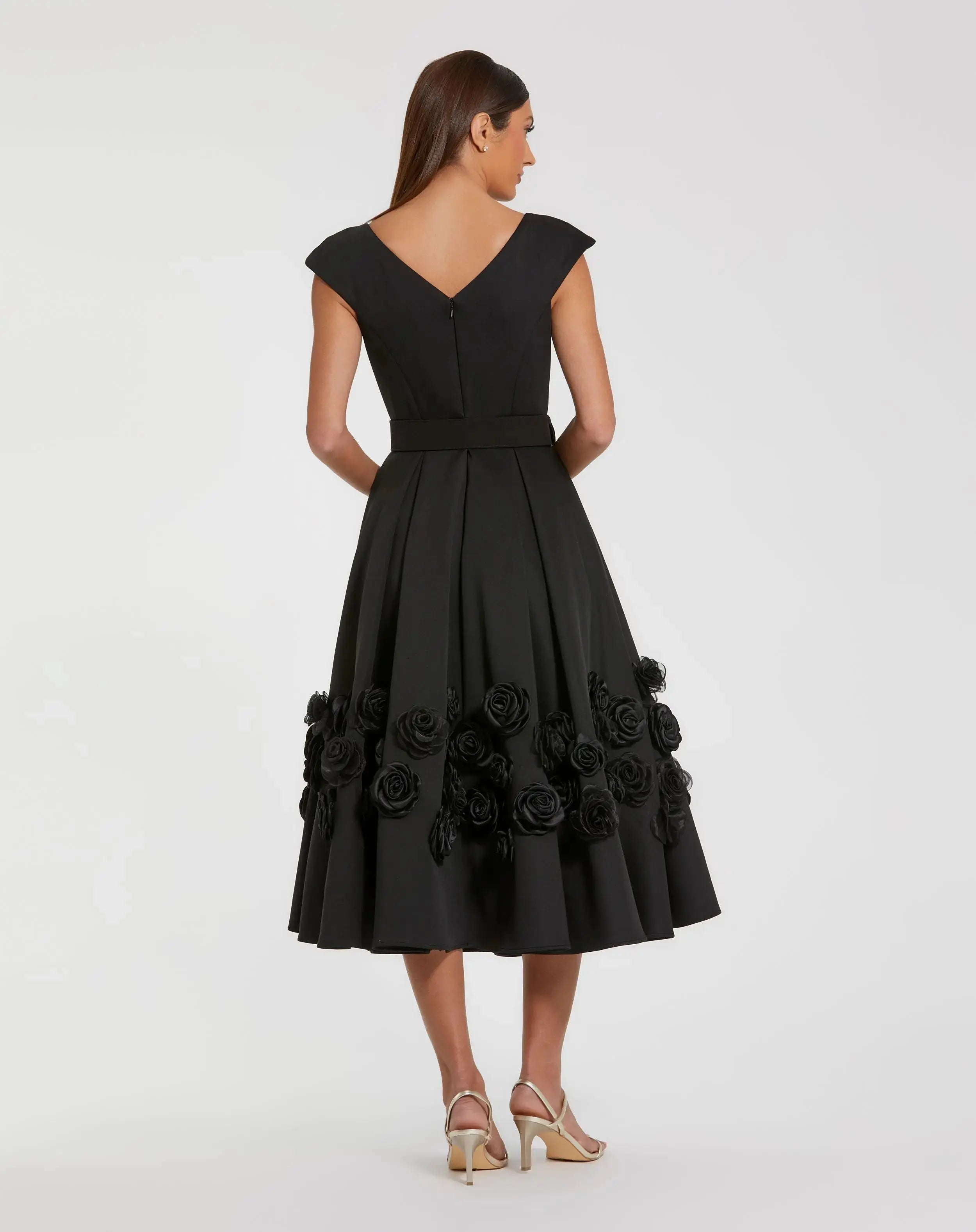 Black Satin Cap Sleeve Midi Dress With 3D Flowers