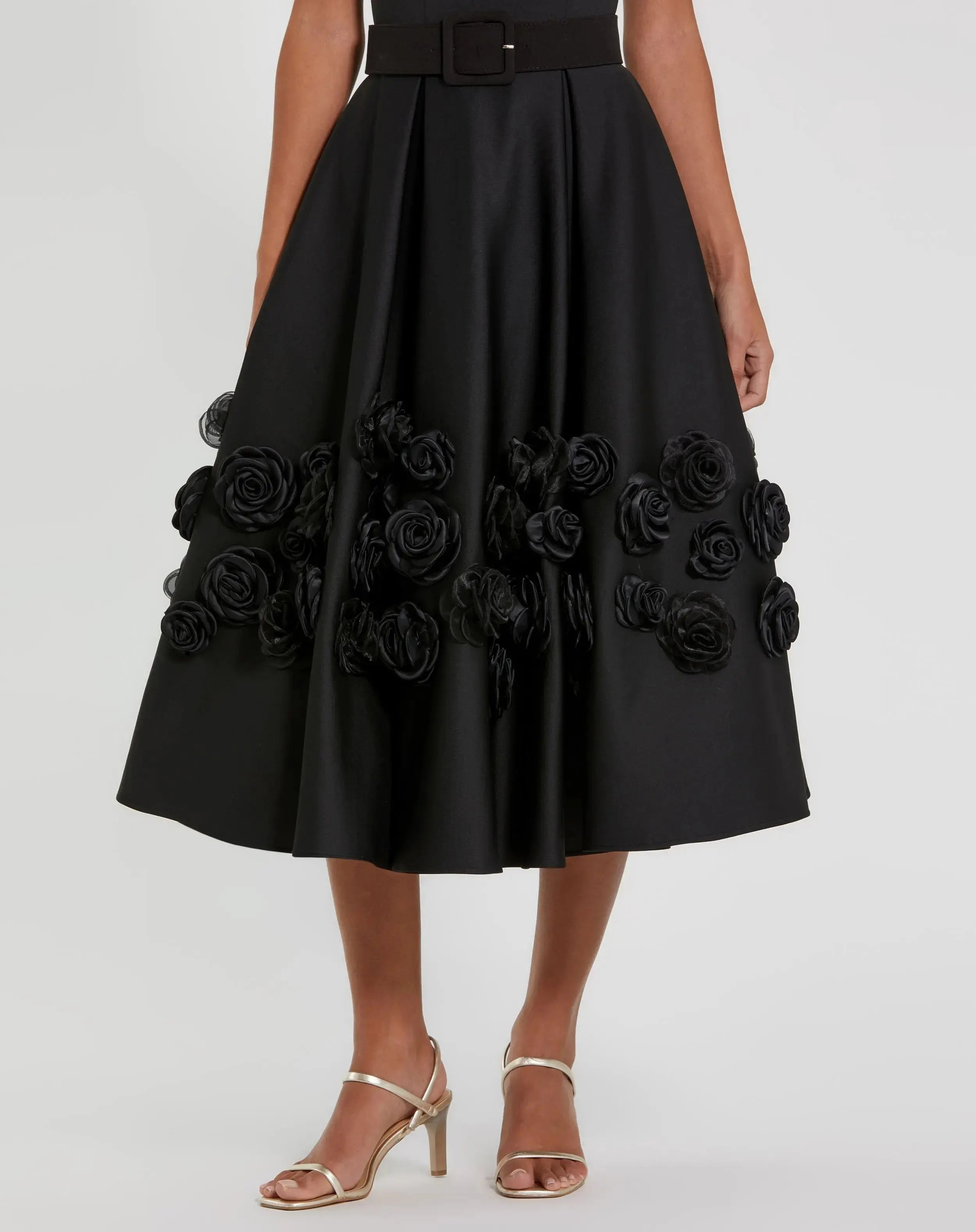 Black Satin Cap Sleeve Midi Dress With 3D Flowers
