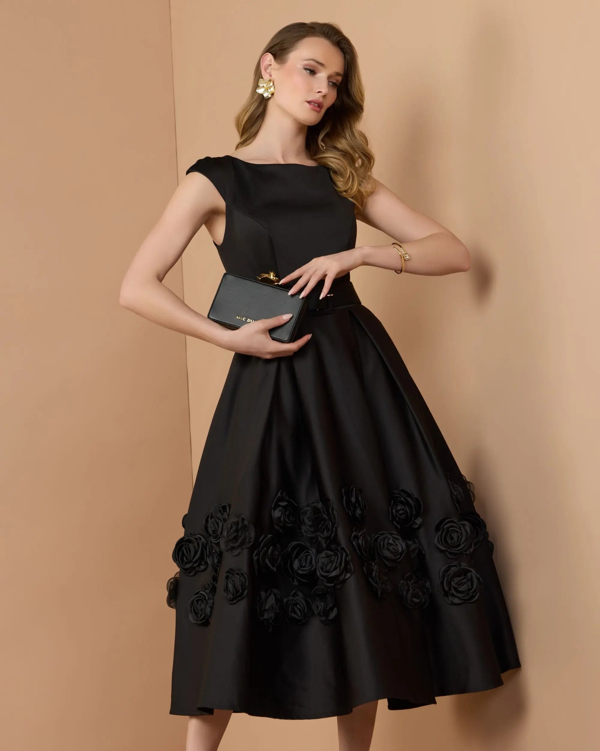 Black Satin Cap Sleeve Midi Dress With 3D Flowers