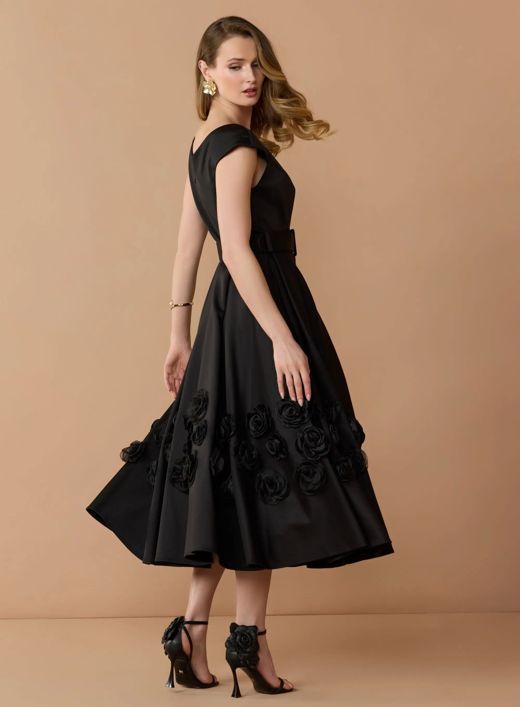 Black Satin Cap Sleeve Midi Dress With 3D Flowers