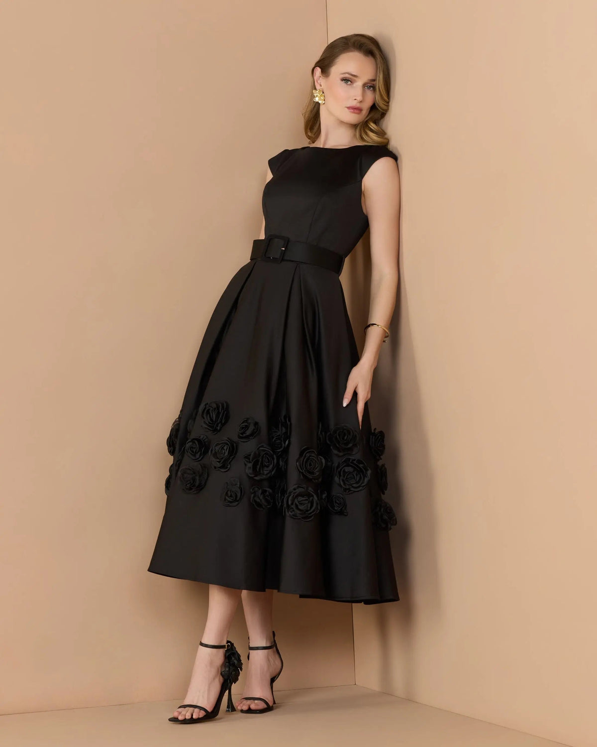 Black Satin Cap Sleeve Midi Dress With 3D Flowers