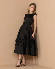 Black Satin Cap Sleeve Midi Dress With 3D Flowers