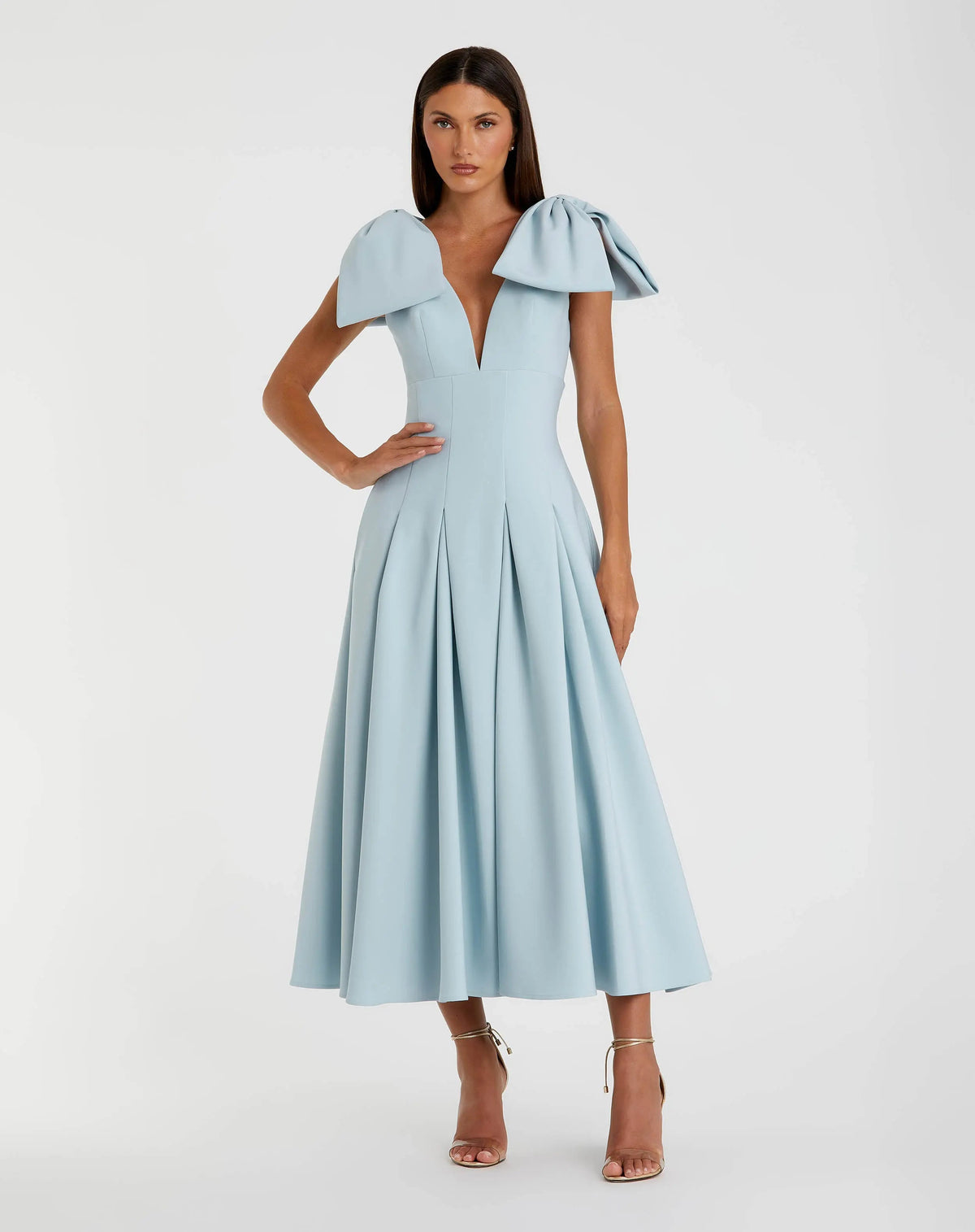 Blue Crepe A Line Midi Dress With Bow Straps