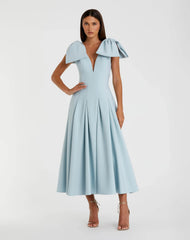 Blue Crepe A Line Midi Dress With Bow Straps