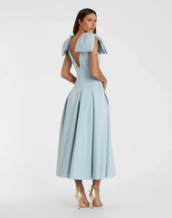 Blue Crepe A Line Midi Dress With Bow Straps