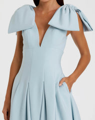 Blue Crepe A Line Midi Dress With Bow Straps