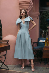 Blue Crepe A Line Midi Dress With Bow Straps