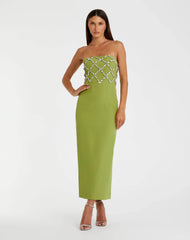 Green Strapless Crystal Embellished Midi Dress