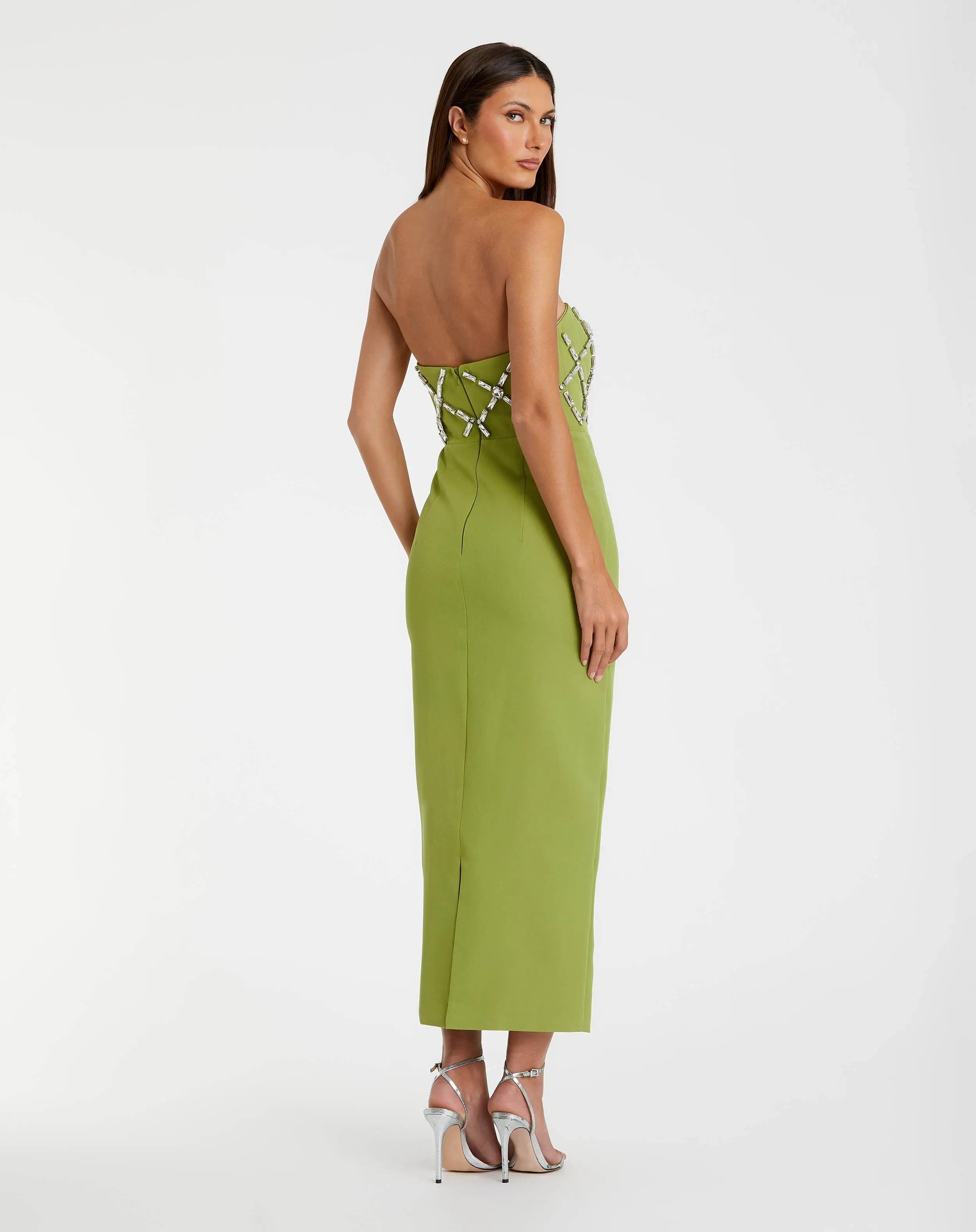 Green Strapless Crystal Embellished Midi Dress