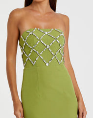 Green Strapless Crystal Embellished Midi Dress