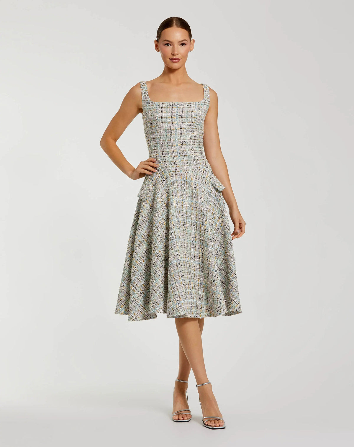 Gray Multicolor Sleeveless Drop Waist Boucle Midi Dress