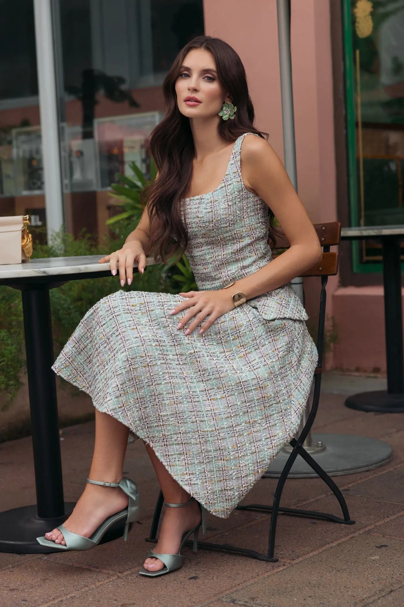 Gray Multicolor Sleeveless Drop Waist Boucle Midi Dress