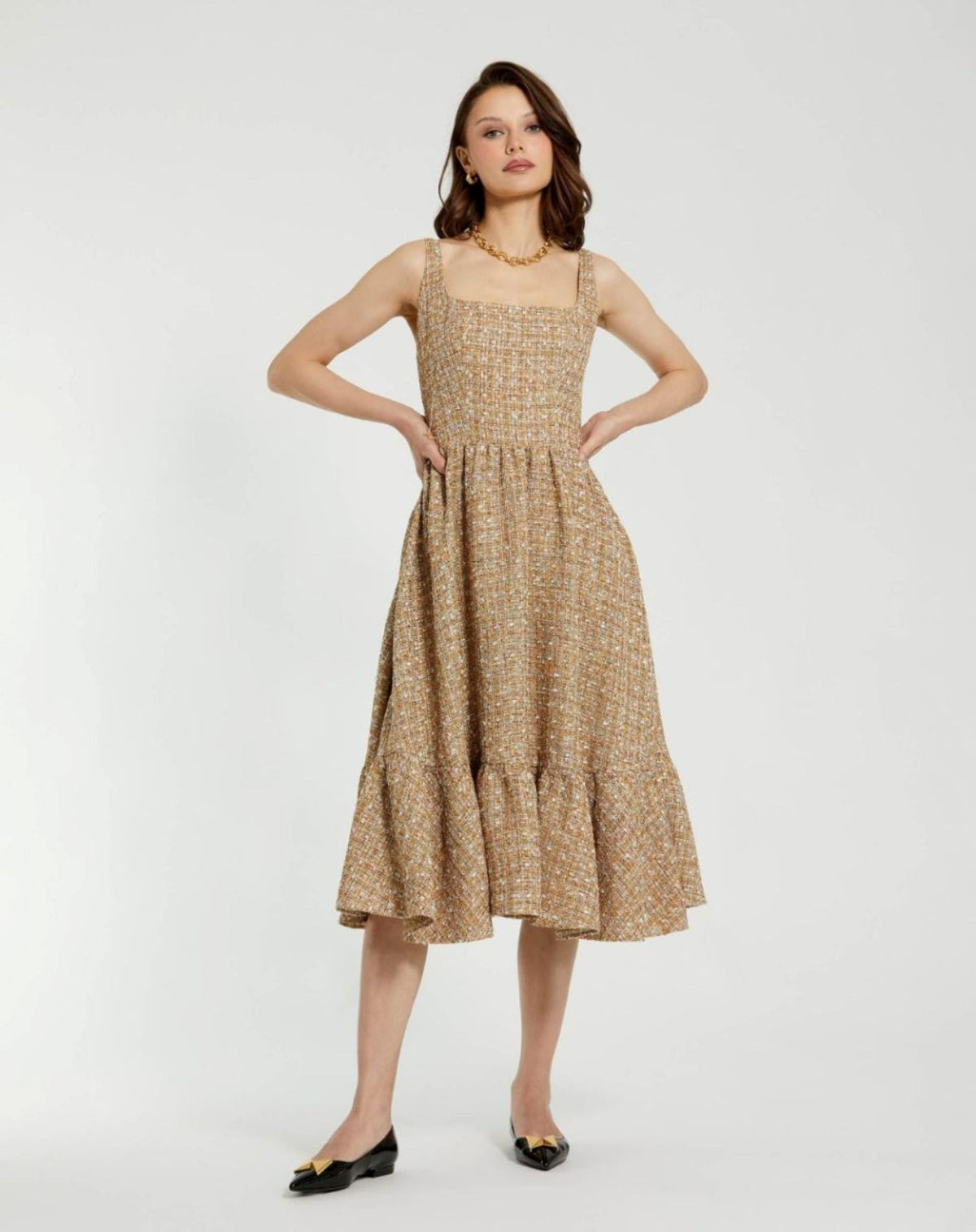 Beige Boucle Sleeveless A-Line Midi Dress