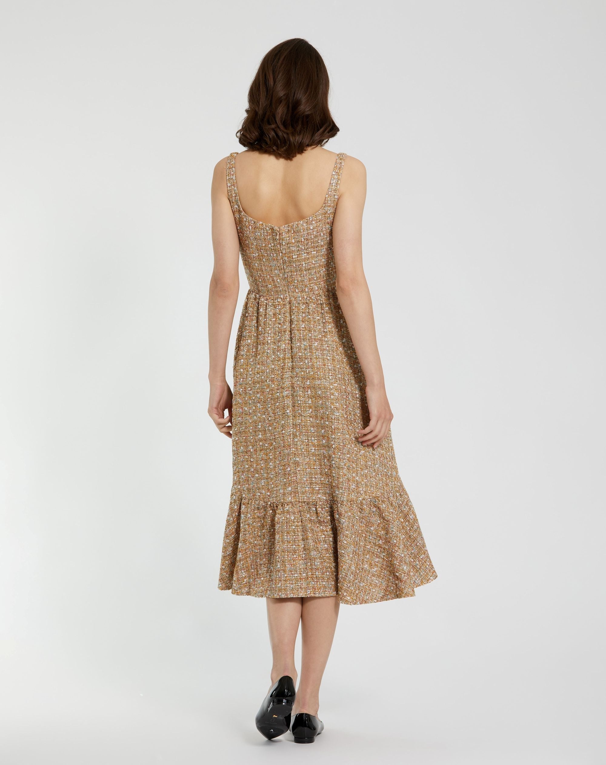 Beige Boucle Sleeveless A-Line Midi Dress