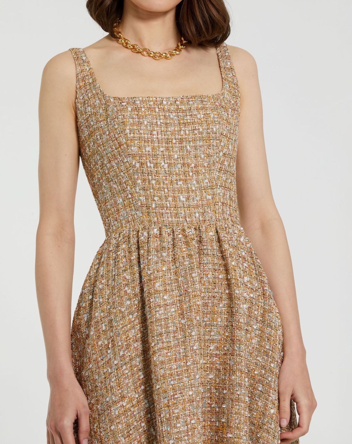 Beige Boucle Sleeveless A-Line Midi Dress