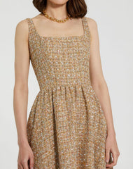 Beige Boucle Sleeveless A-Line Midi Dress