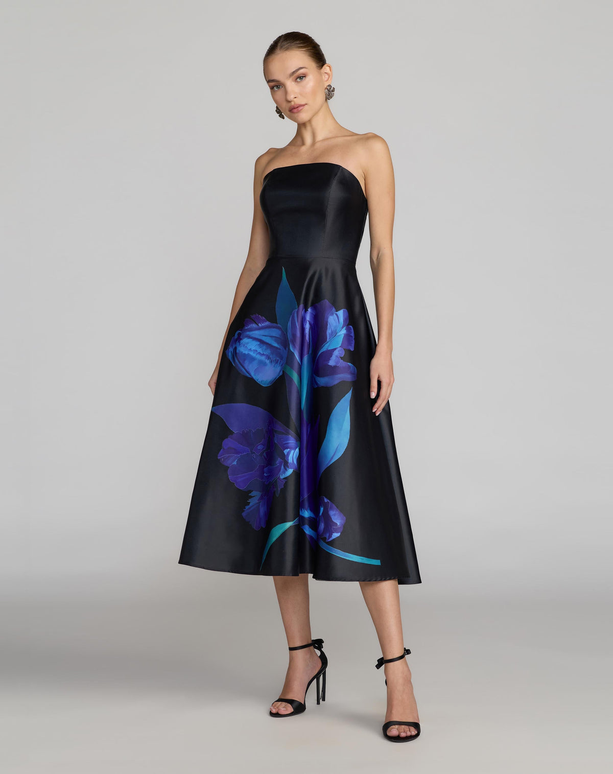 Strapless Satin Midi Dress With Flower Print