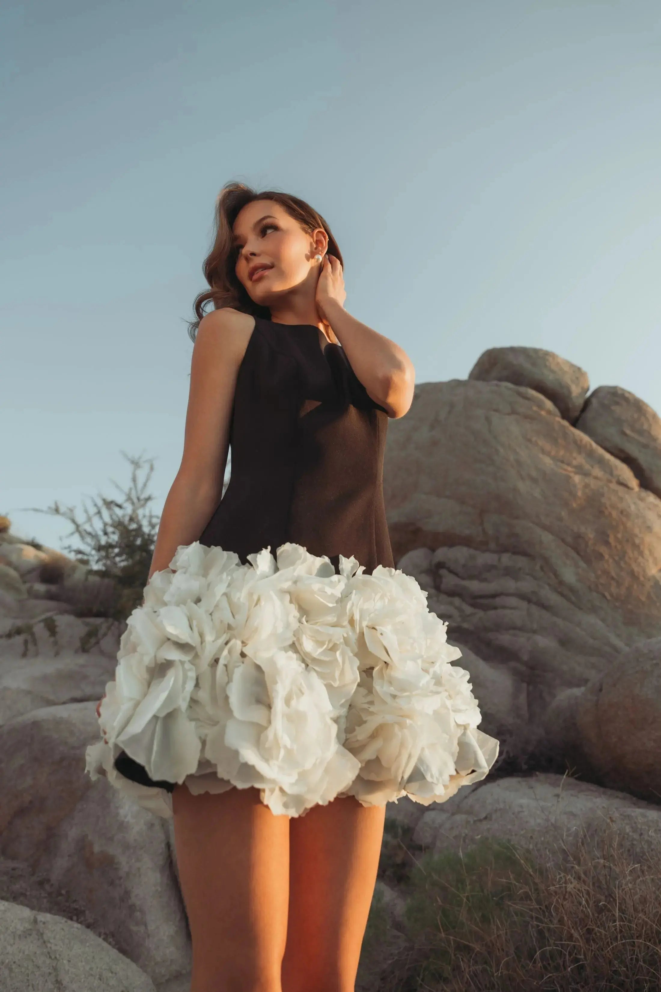 Black Sleeveless Mini Dress with 3D Floral Skirt