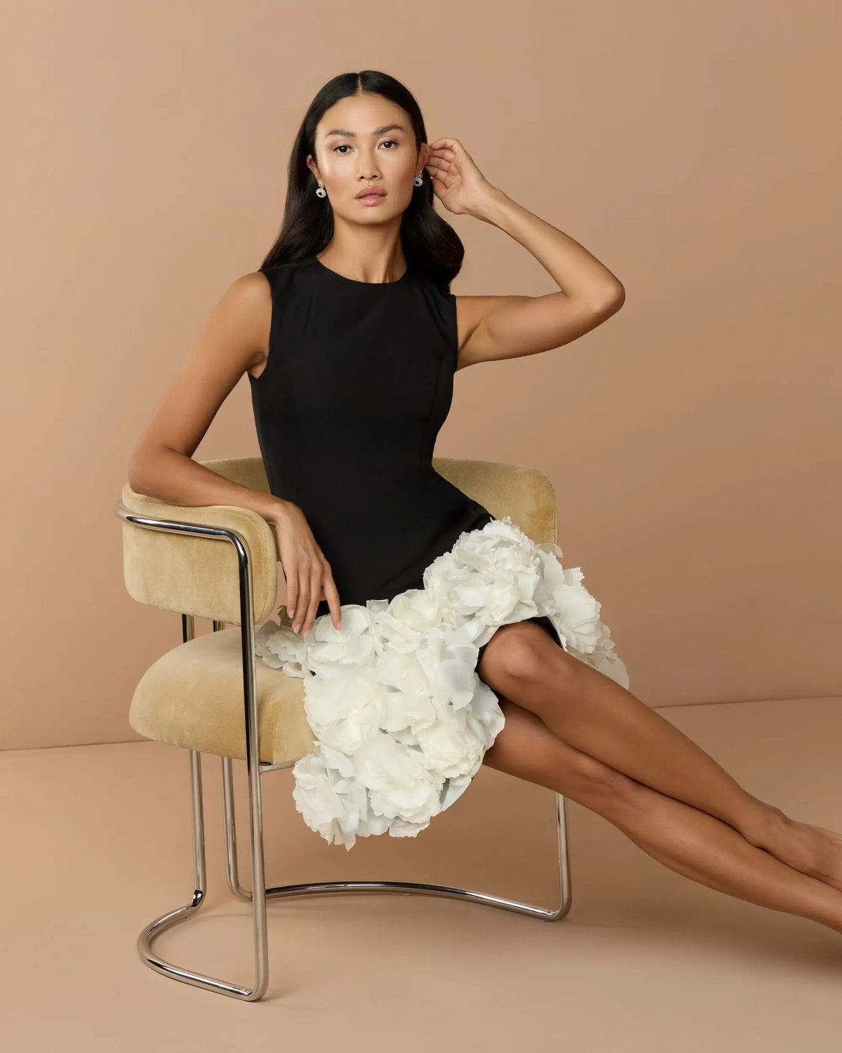 Black Sleeveless Mini Dress with 3D Floral Skirt