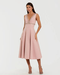 Rhinestone Embellished Crepe A Line Midi Dress