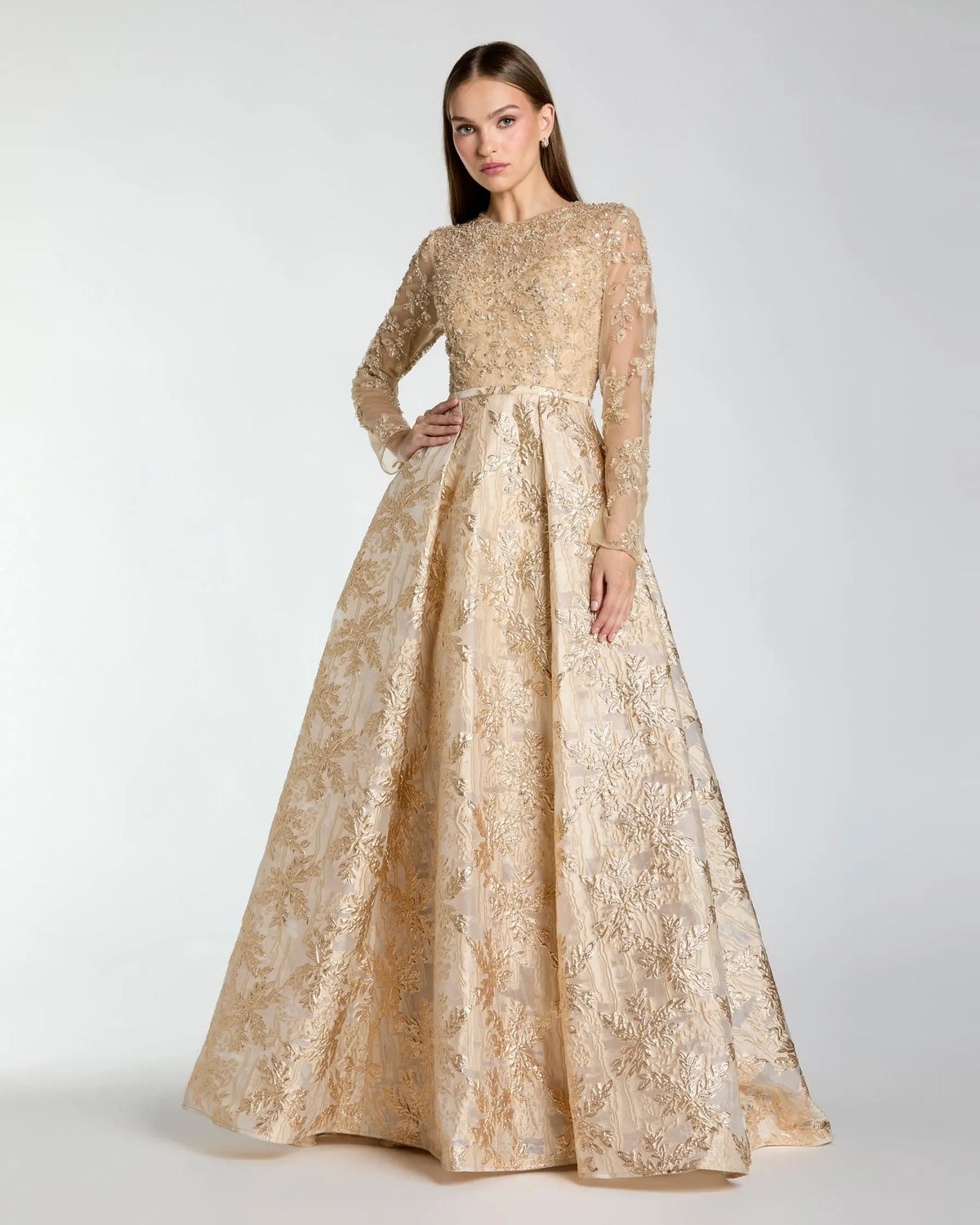 Gold Embellished Long Sleeve Brocade Ball Gown