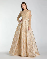 Gold Embellished Long Sleeve Brocade Ball Gown