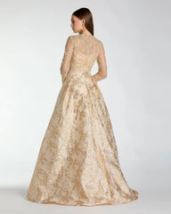 Gold Embellished Long Sleeve Brocade Ball Gown