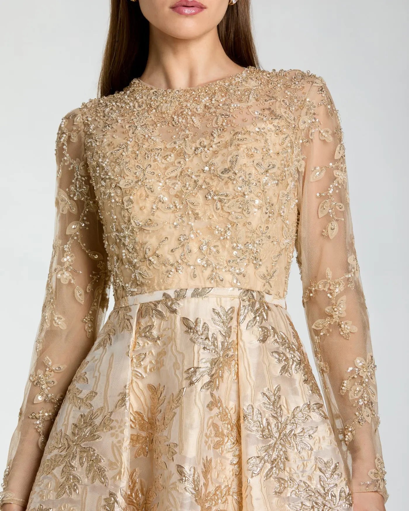 Gold Embellished Long Sleeve Brocade Ball Gown