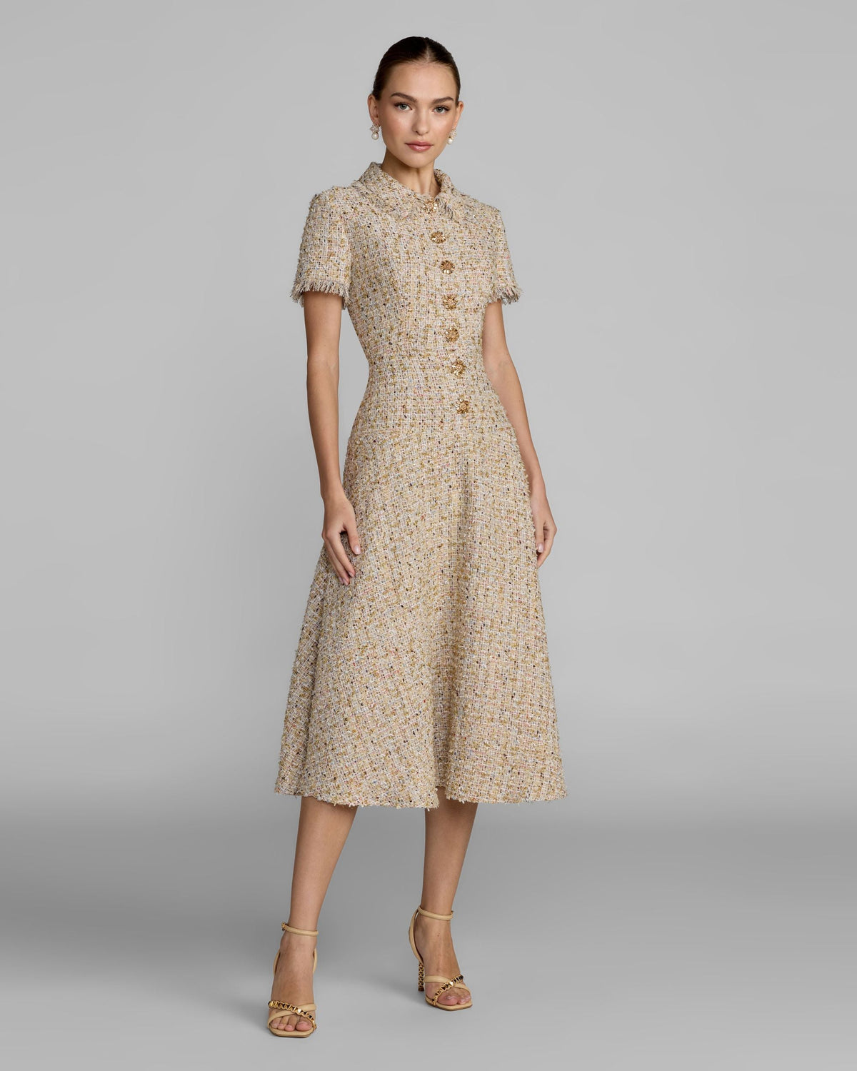 Beige Bouclé Midi Dress with Rhinestone Buttons