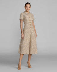 Beige Bouclé Midi Dress with Rhinestone Buttons