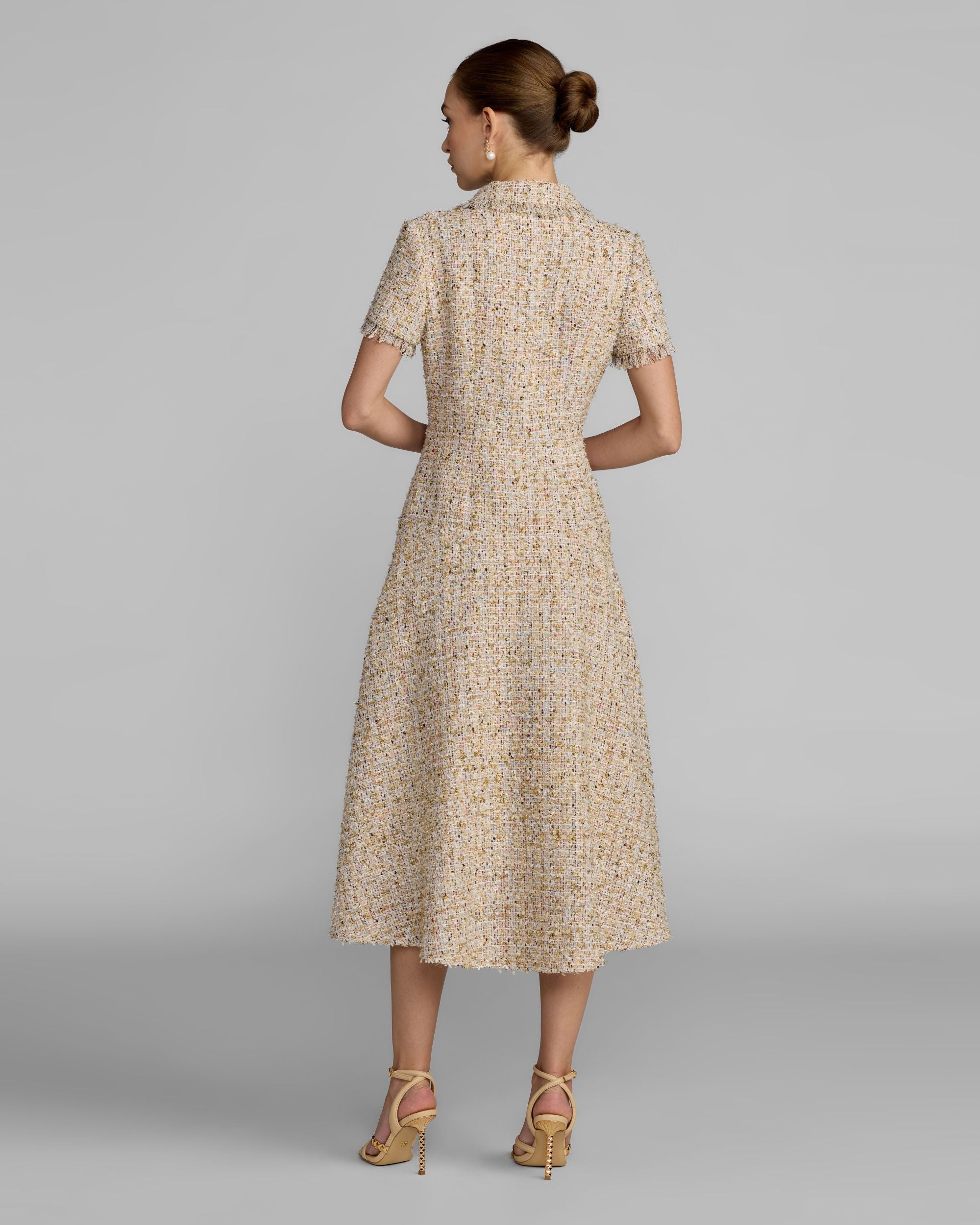 Beige Bouclé Midi Dress with Rhinestone Buttons