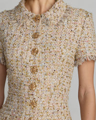 Beige Bouclé Midi Dress with Rhinestone Buttons