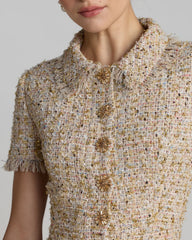 Beige Bouclé Midi Dress with Rhinestone Buttons