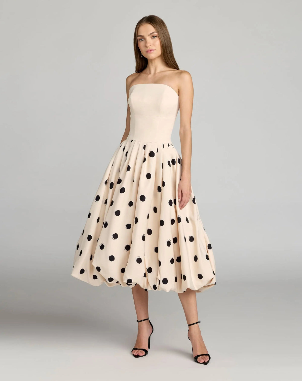 Ivory Strapless Polka Dot Bubble Hem Midi Dress