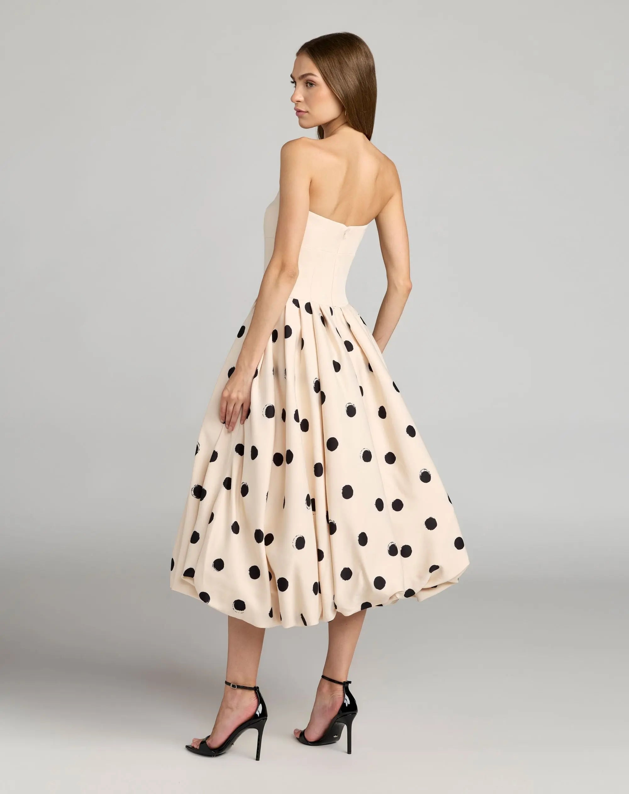 Ivory Strapless Polka Dot Bubble Hem Midi Dress