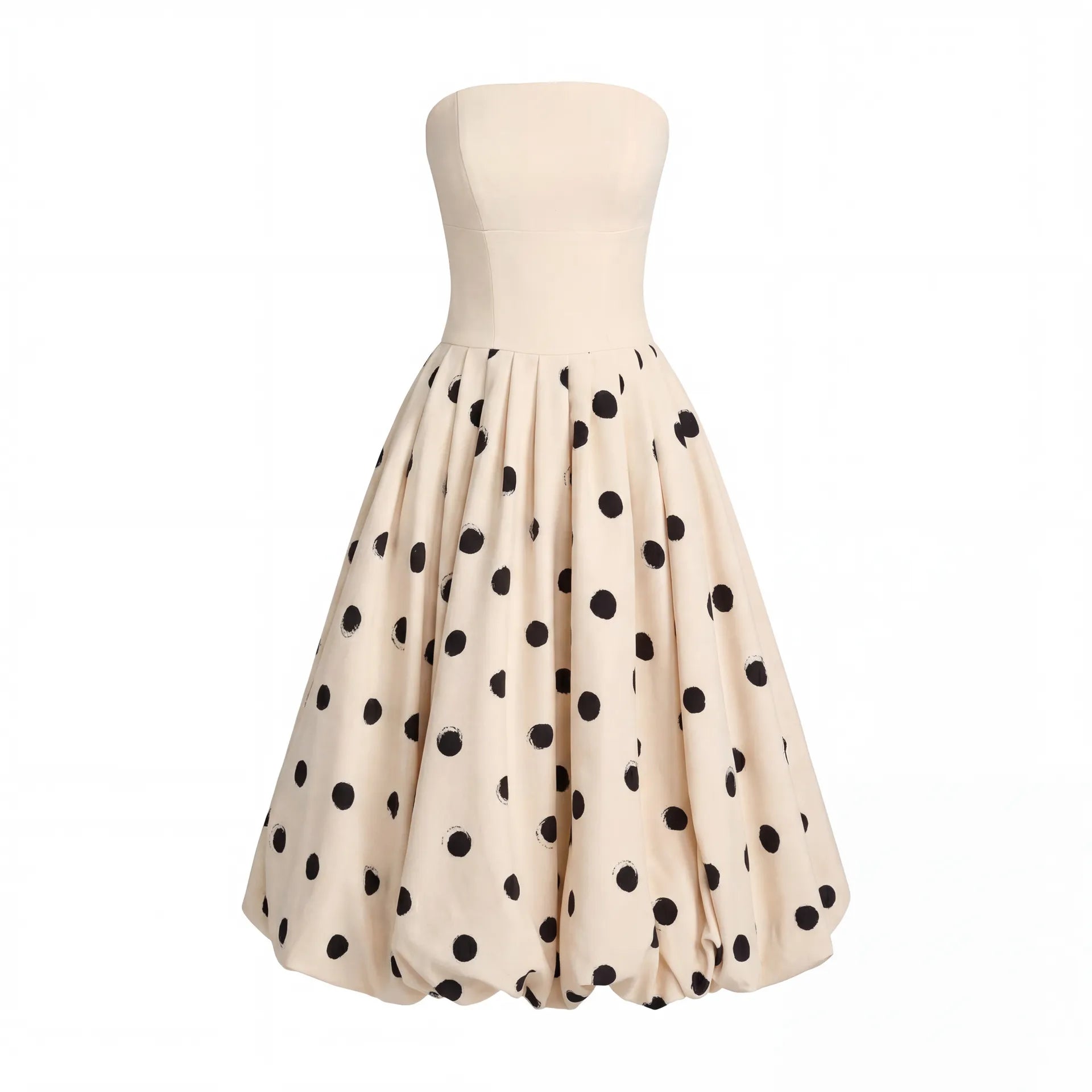 Ivory Strapless Polka Dot Bubble Hem Midi Dress