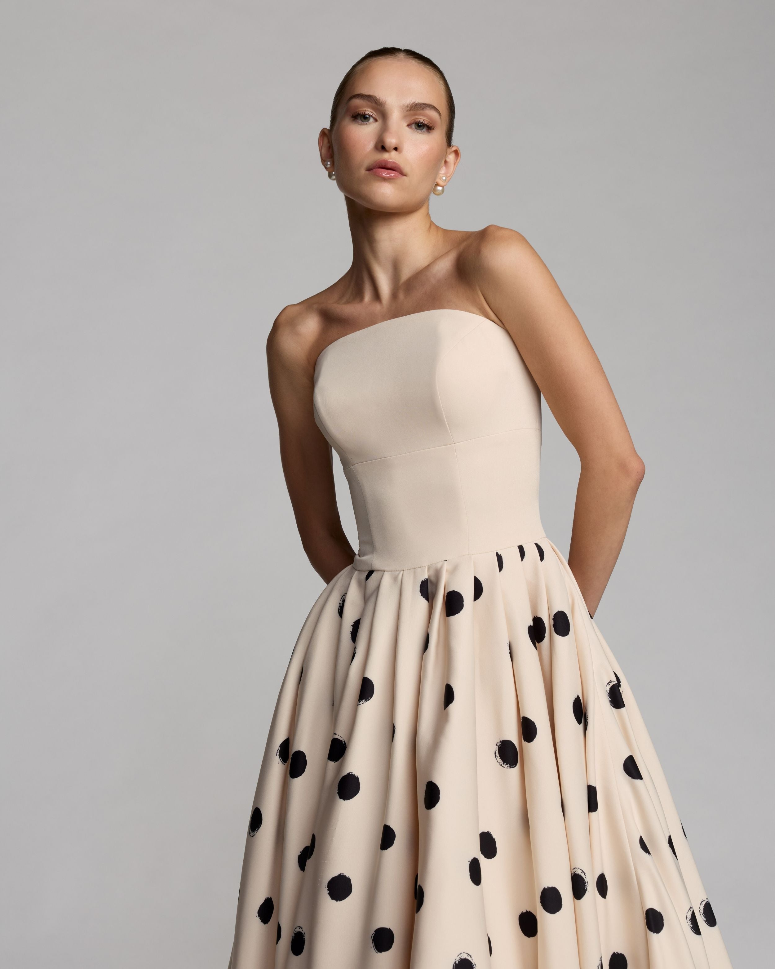 Ivory Strapless Polka Dot Bubble Hem Midi Dress
