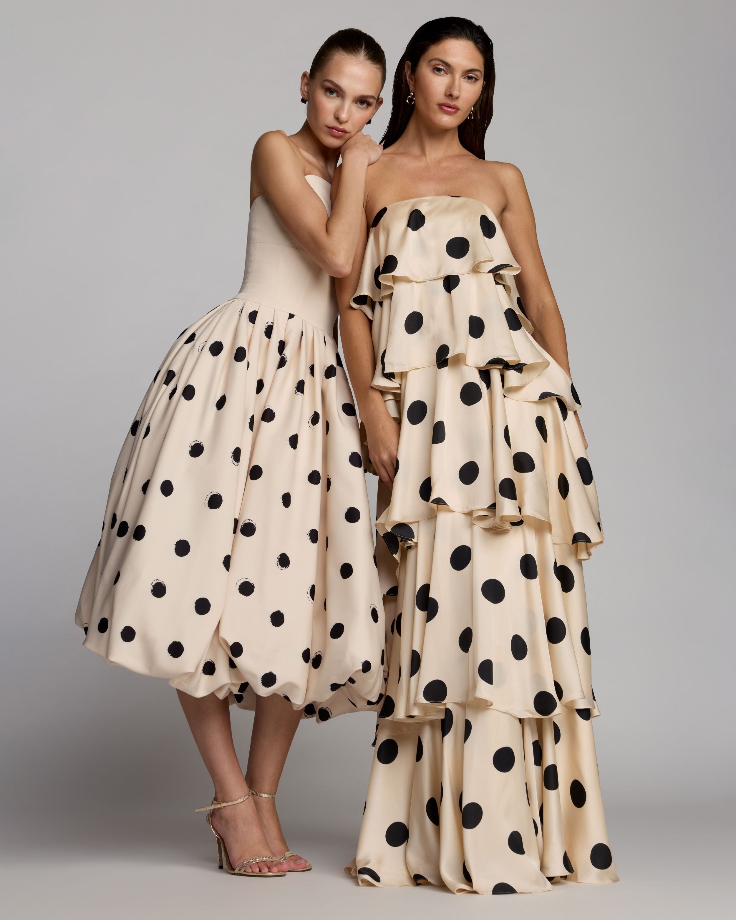 Ivory Strapless Polka Dot Bubble Hem Midi Dress