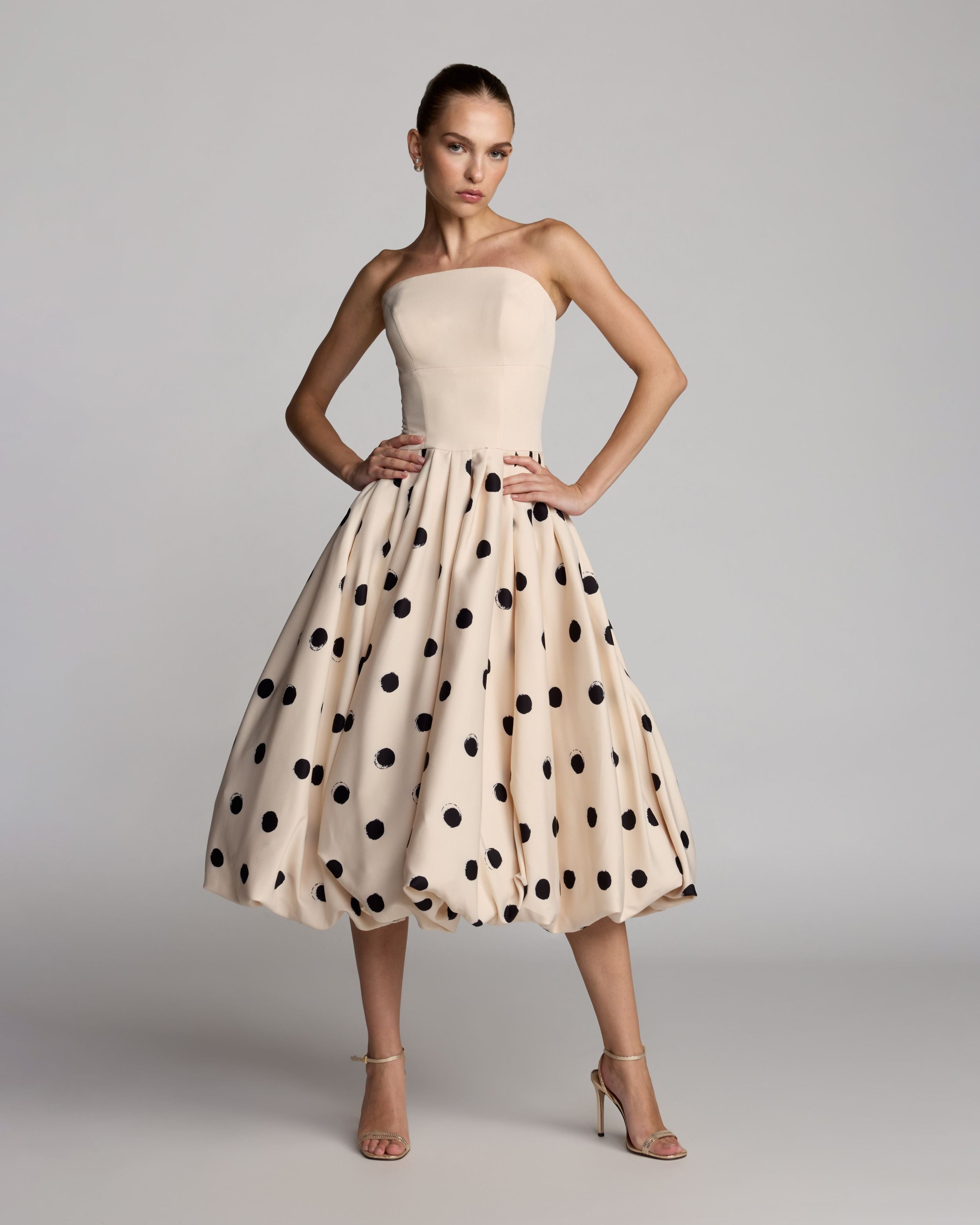Ivory Strapless Polka Dot Bubble Hem Midi Dress