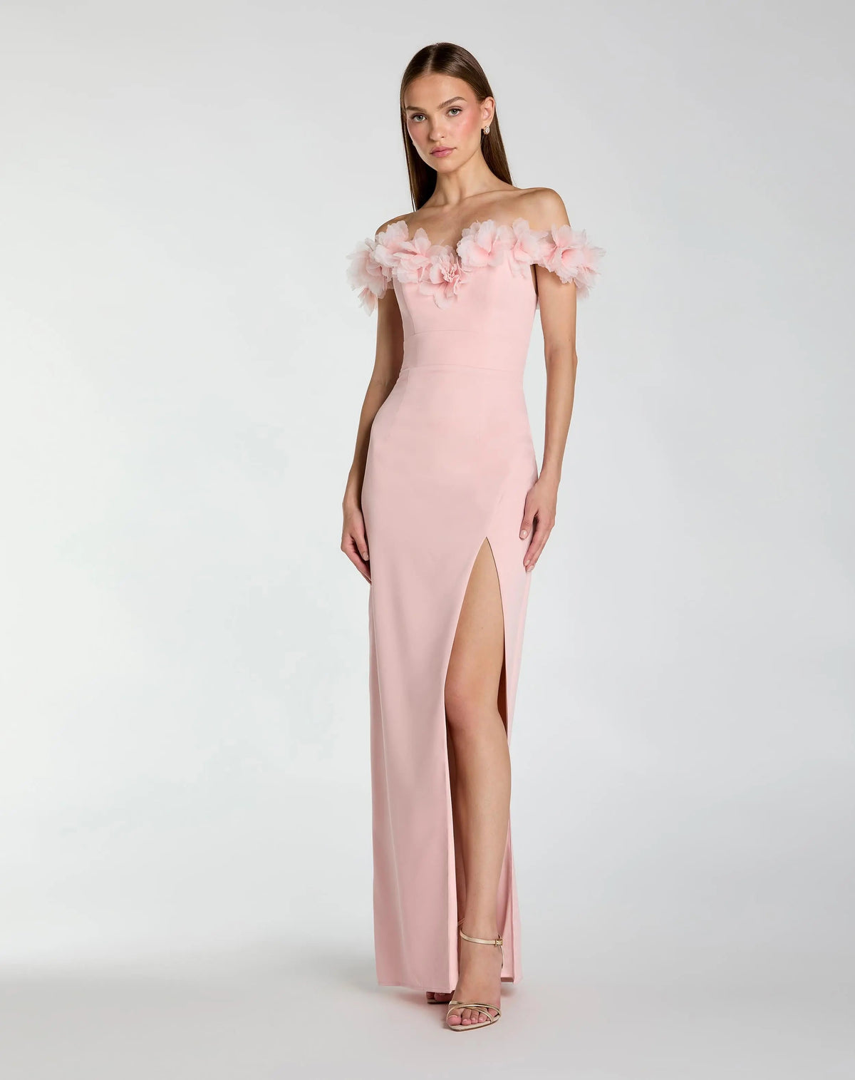 Off The Shoulder Column Gown With 3D Flowers