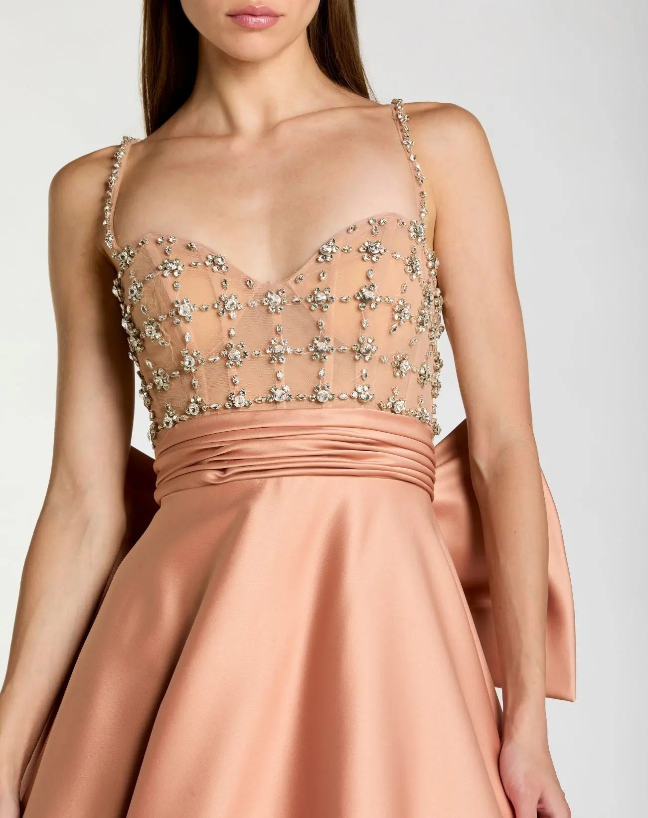 Peach Embellished Bodice Sweetheart Neck Satin Ball Gown