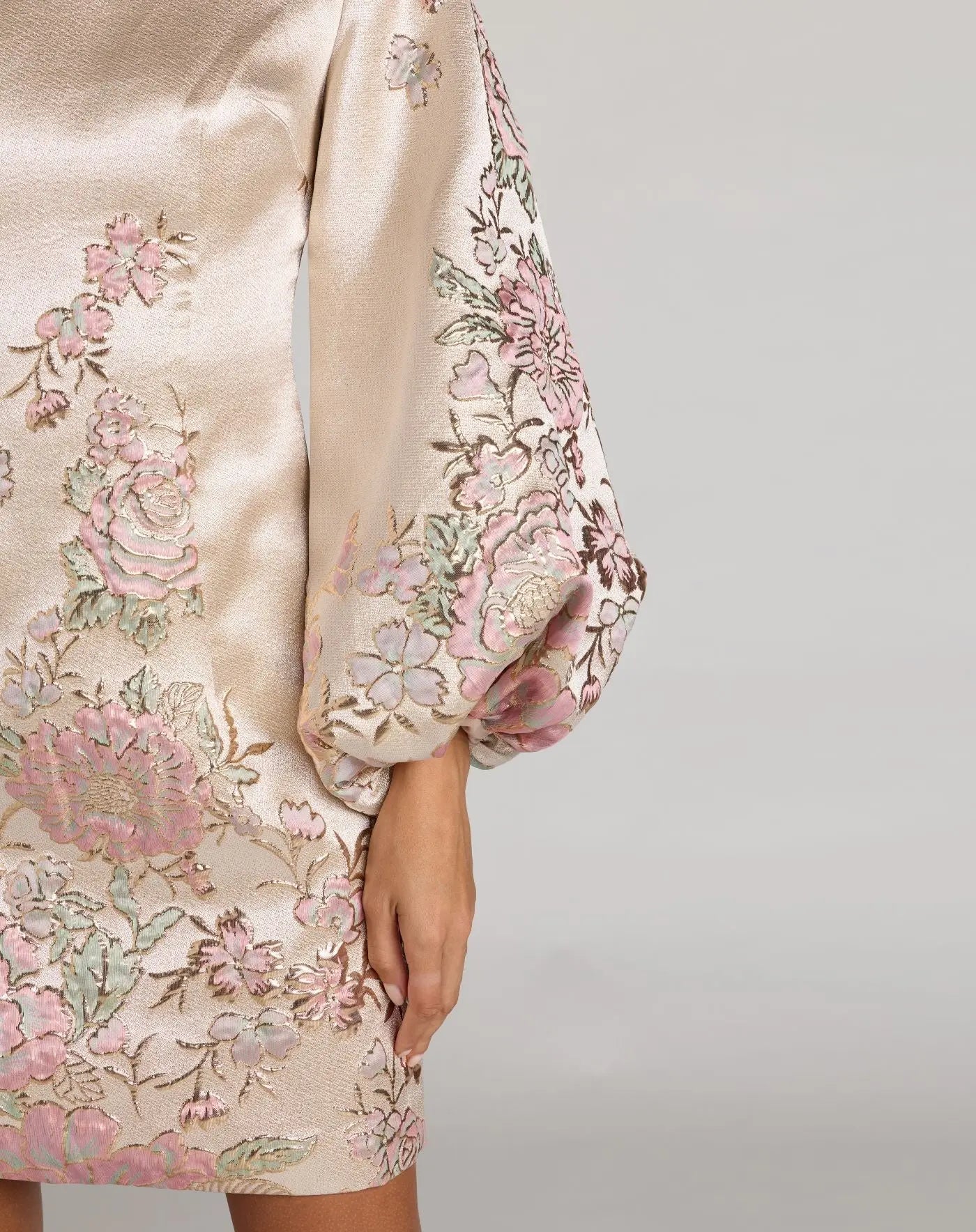Ivory Brocade High Neck Long Sleeve Mini Dress