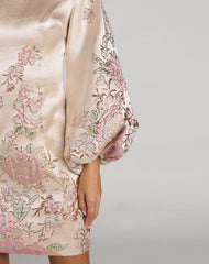 Ivory Brocade High Neck Long Sleeve Mini Dress