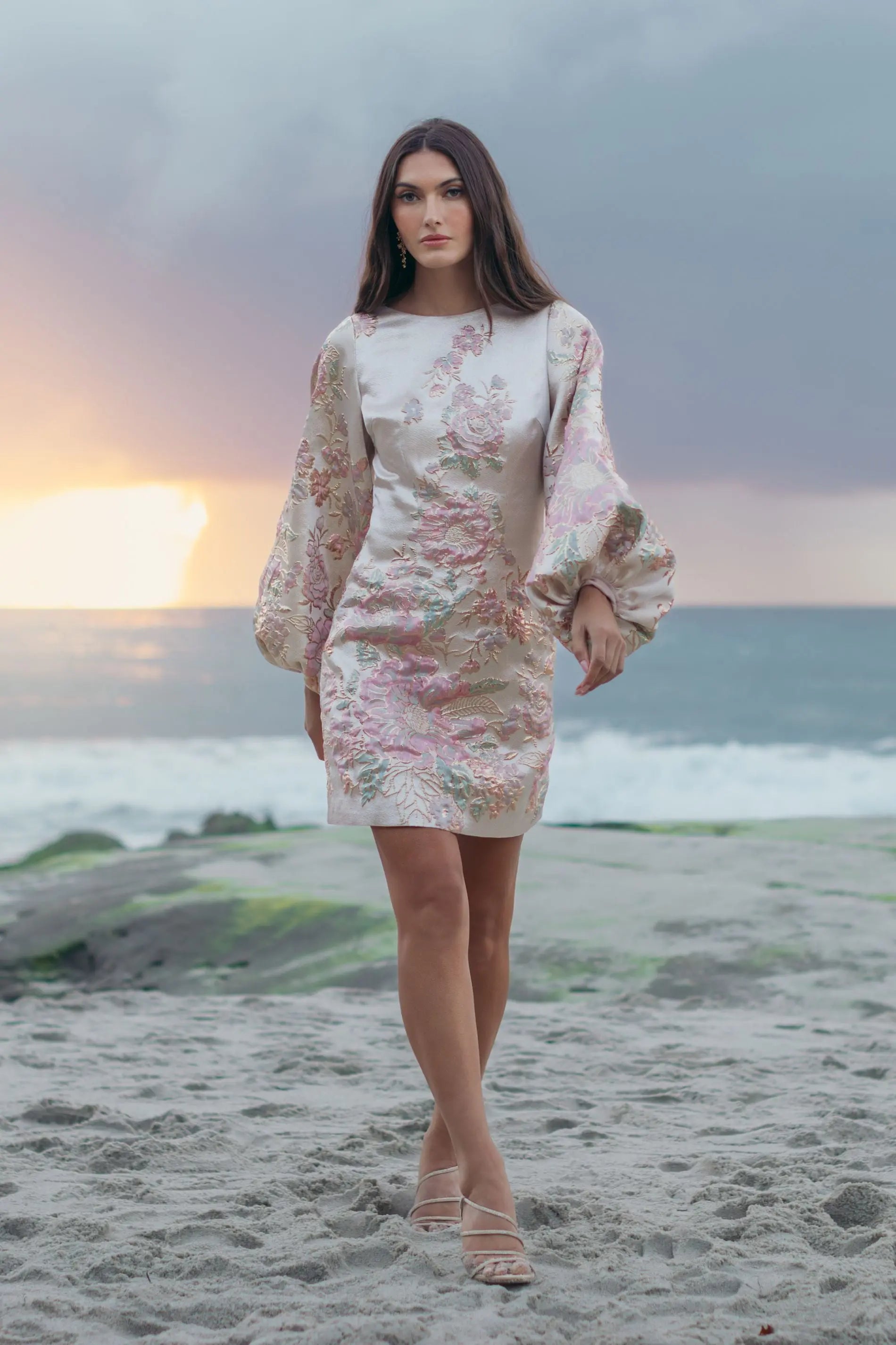 Ivory Brocade High Neck Long Sleeve Mini Dress