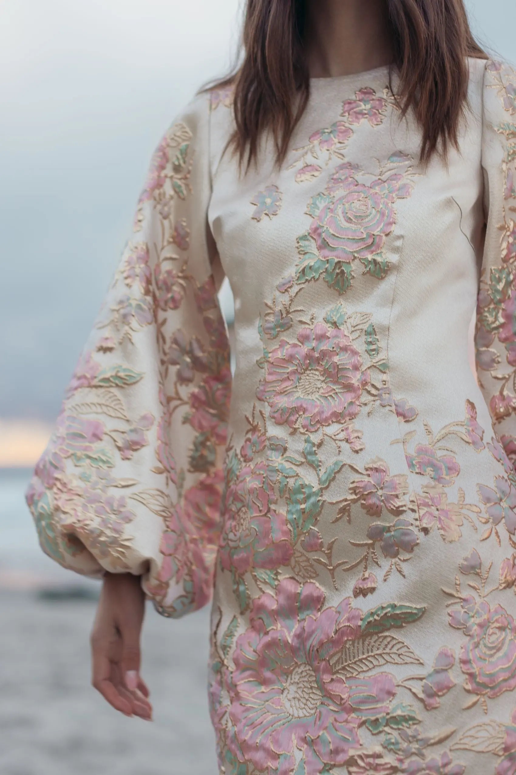 Ivory Brocade High Neck Long Sleeve Mini Dress