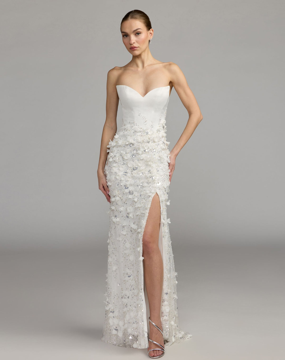 3D Floral Strapless Sweetheart Gown With Slit