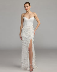 3D Floral Strapless Sweetheart Gown With Slit
