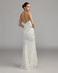 White 3D Floral Strapless Sweetheart Gown With Slit