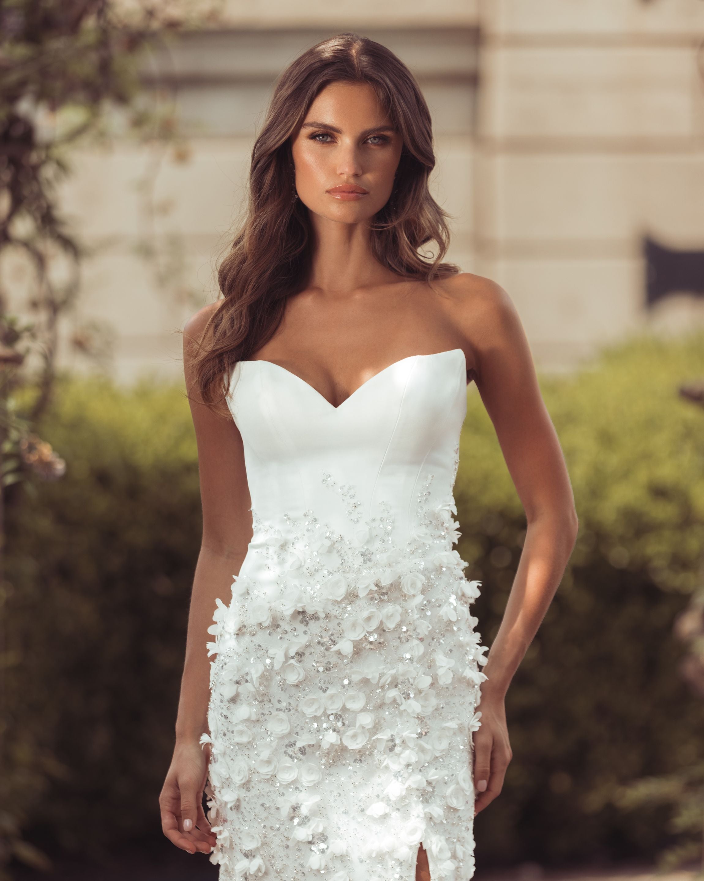 White 3D Floral Strapless Sweetheart Gown With Slit