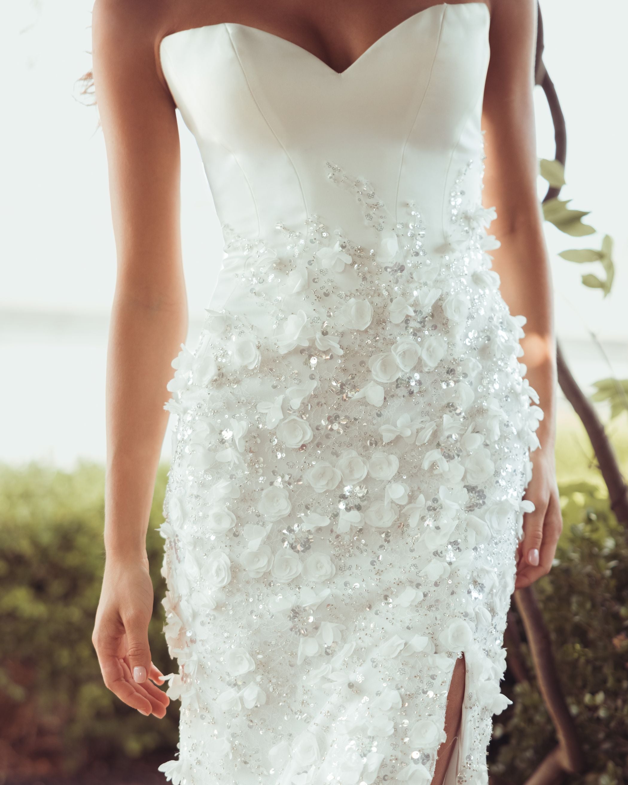 White 3D Floral Strapless Sweetheart Gown With Slit